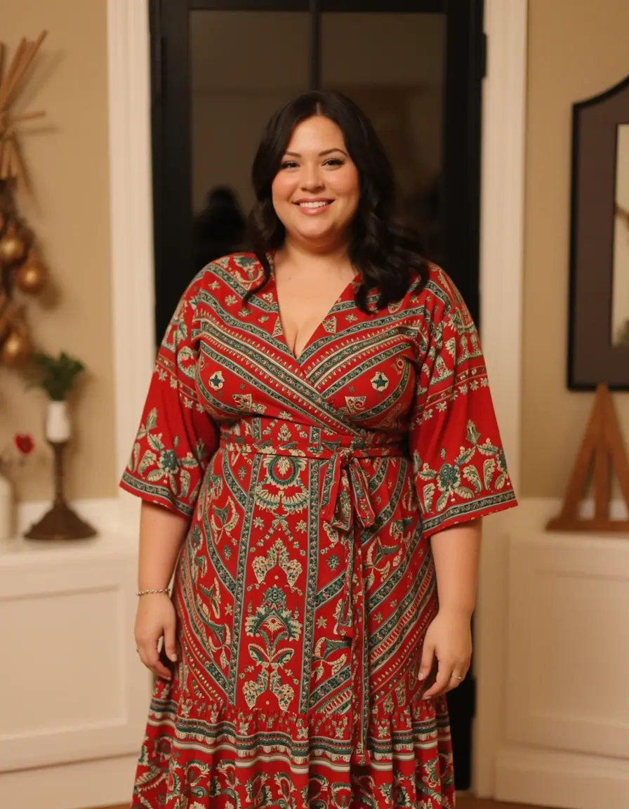 curvy lady in festive wrap dress