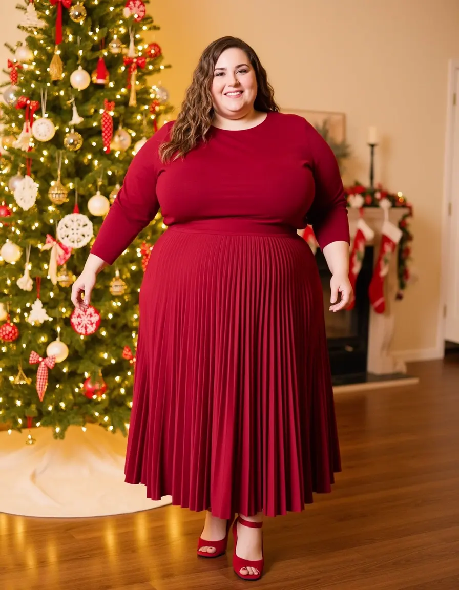 female curvy in festive pleated midi