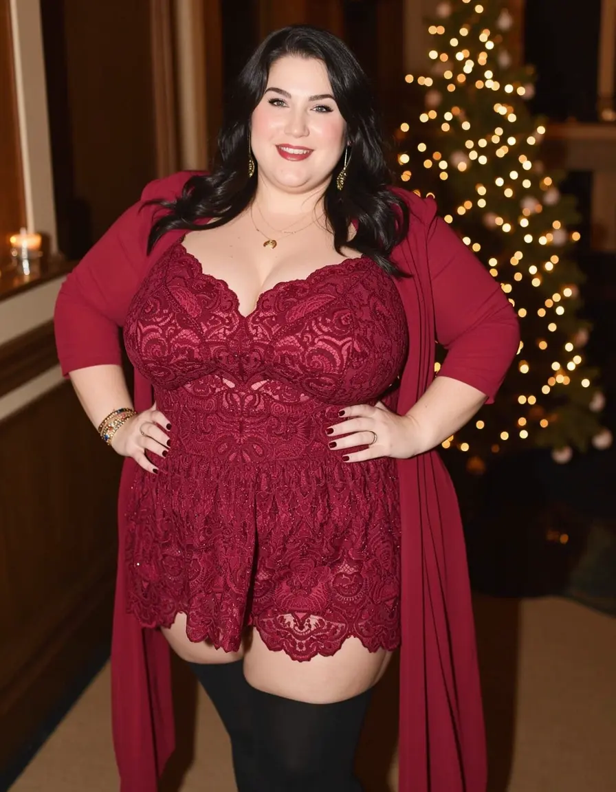 curvy woman in festive lace outfit
