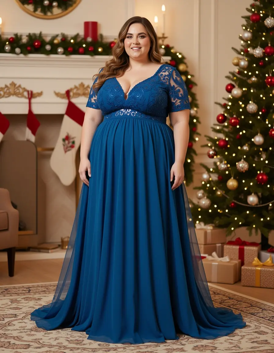 model curvy in festive chiffon maxi