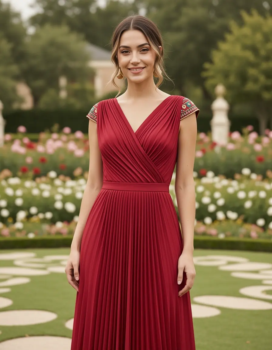 Model in einem plissierten festlichen Etuikleid