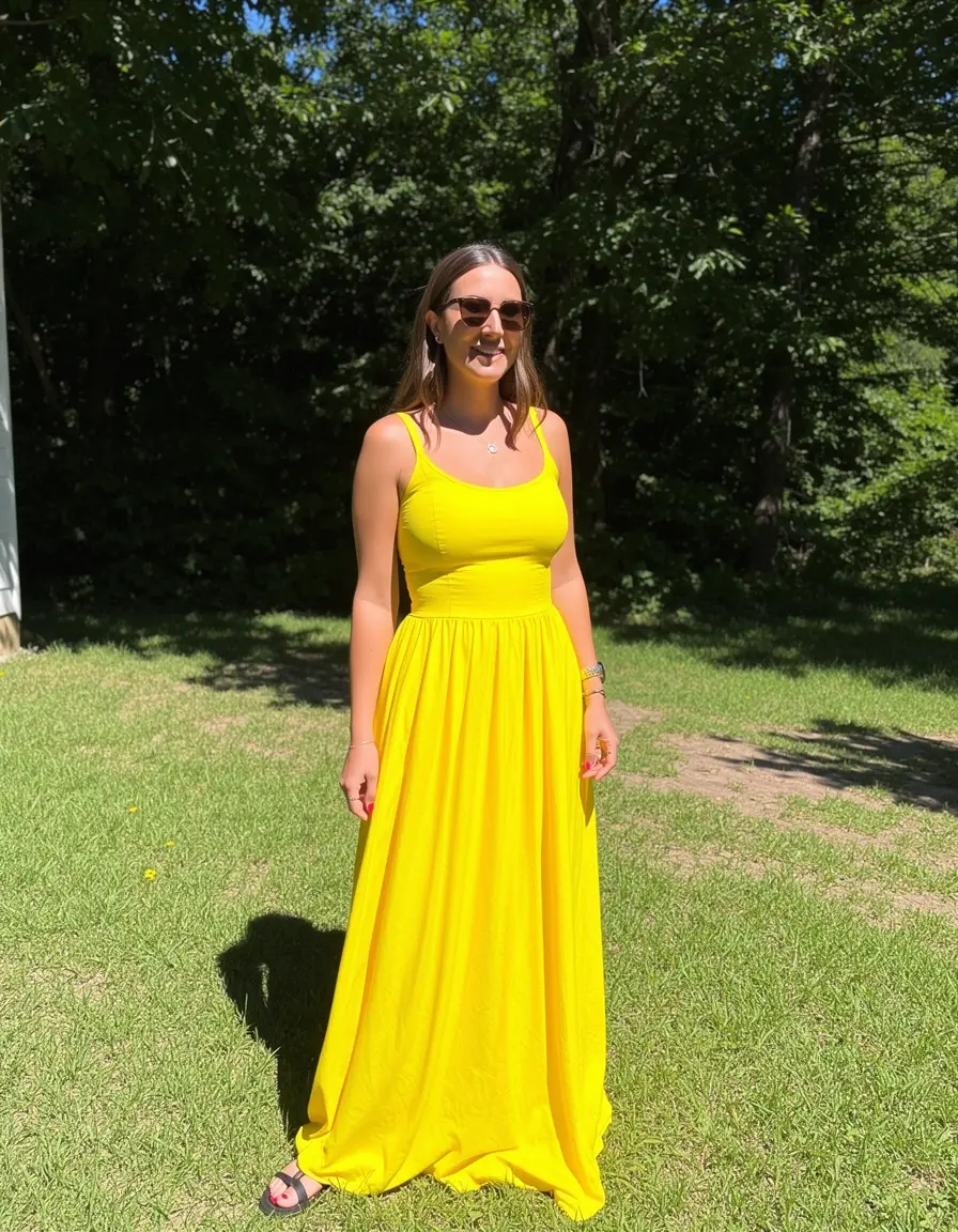 Frau in einem sonnengelben Maxikleid