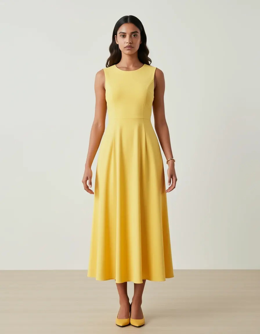 Model in einem zitronengelben Midikleid