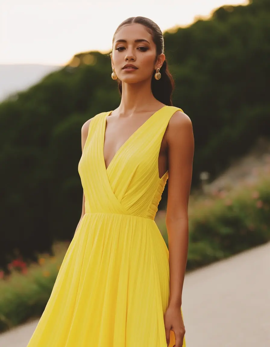 Frau in einem kanariengelben Kleid