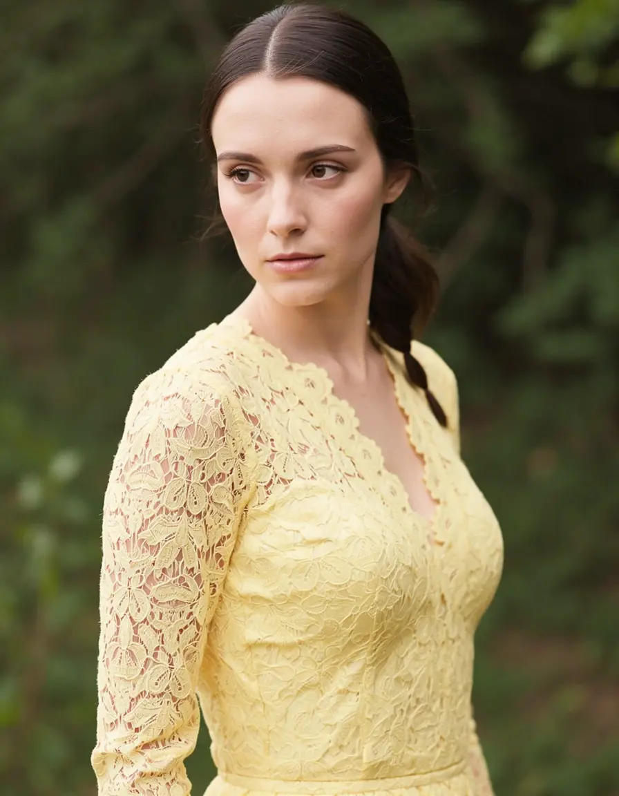 Frau in einem buttergelben Spitzenkleid
