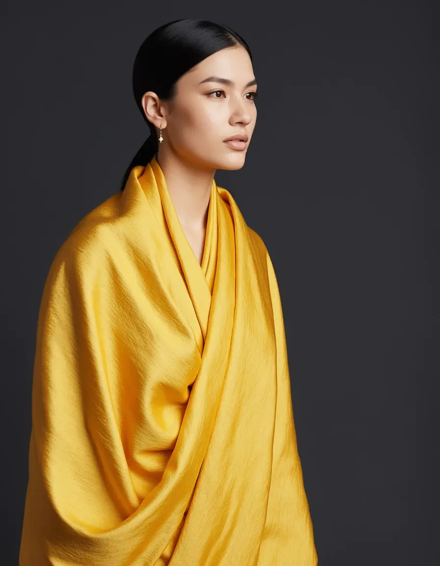 Model in einem goldgelben Wickelkleid