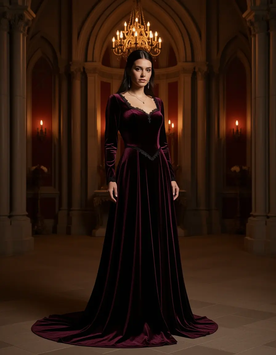 Model in einem langen Gothic Samtkleid