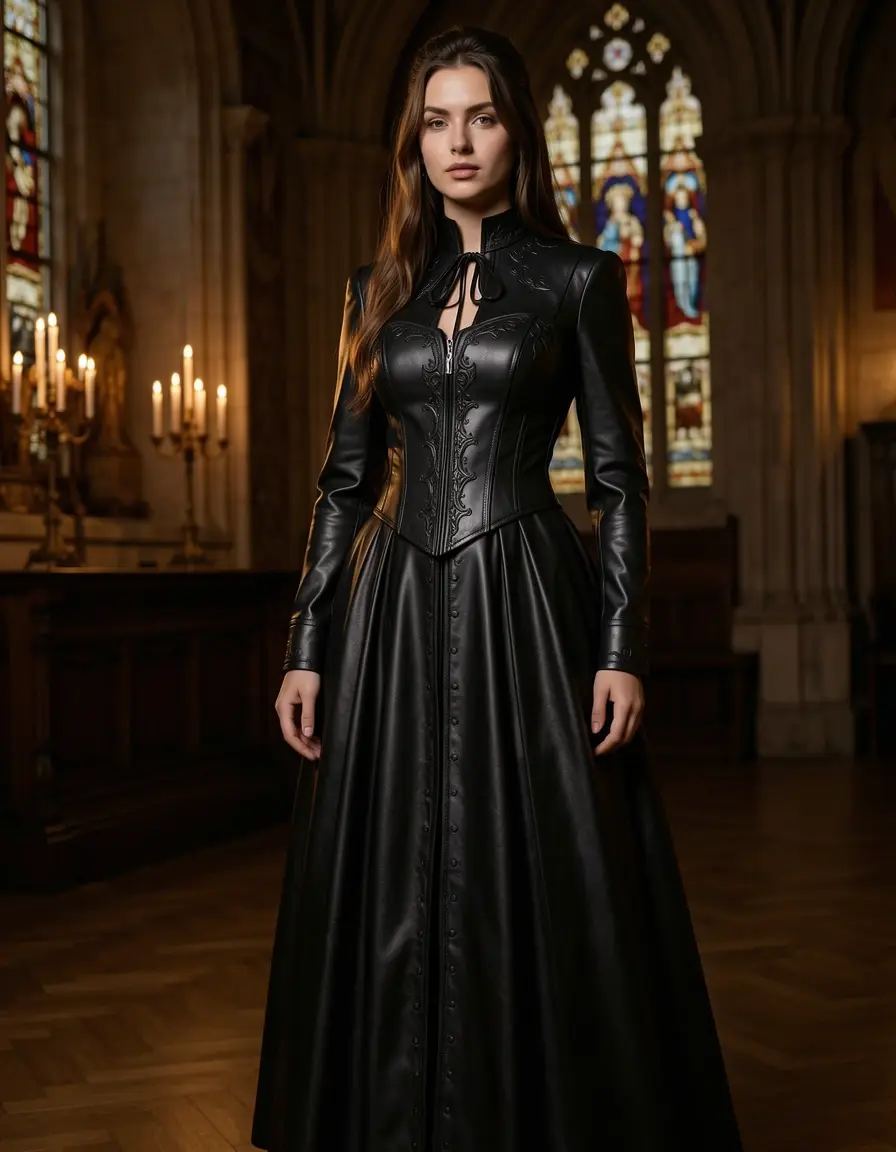 Model in einem toughen Gothic Lederkleid