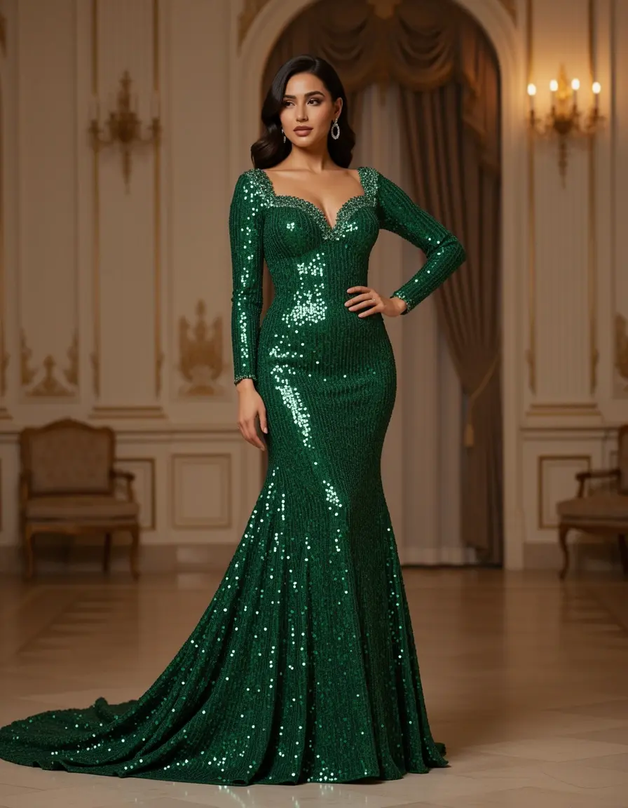 Luxuriöses grünes Abendkleid mit Pailletten