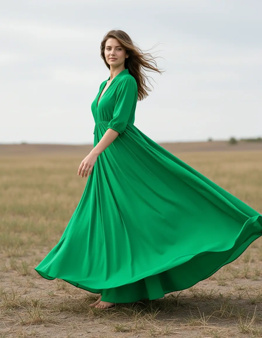 Smaragdgrünes Maxikleid weht im Wind