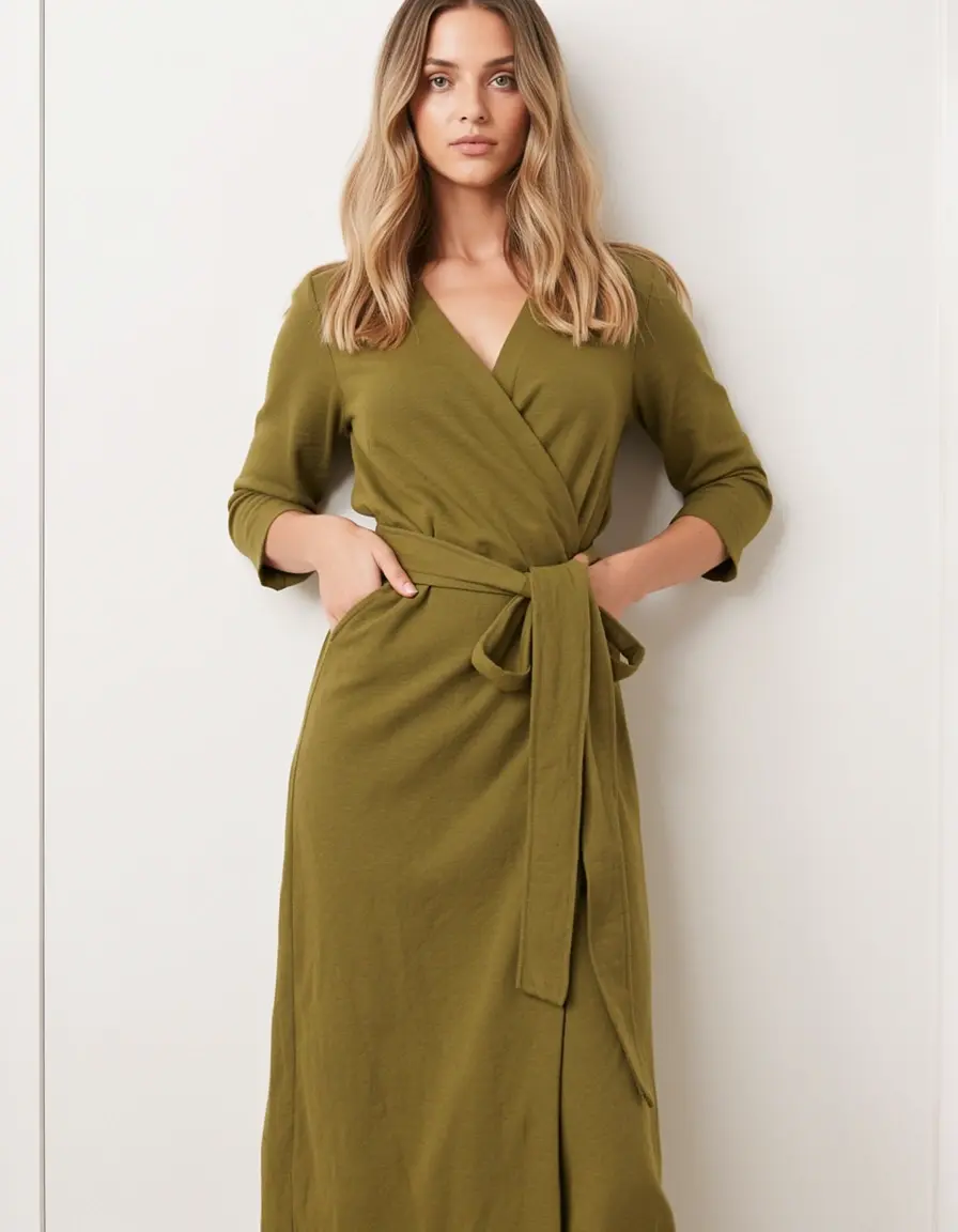 Olivgrünes Wickelkleid an der Taille gebunden