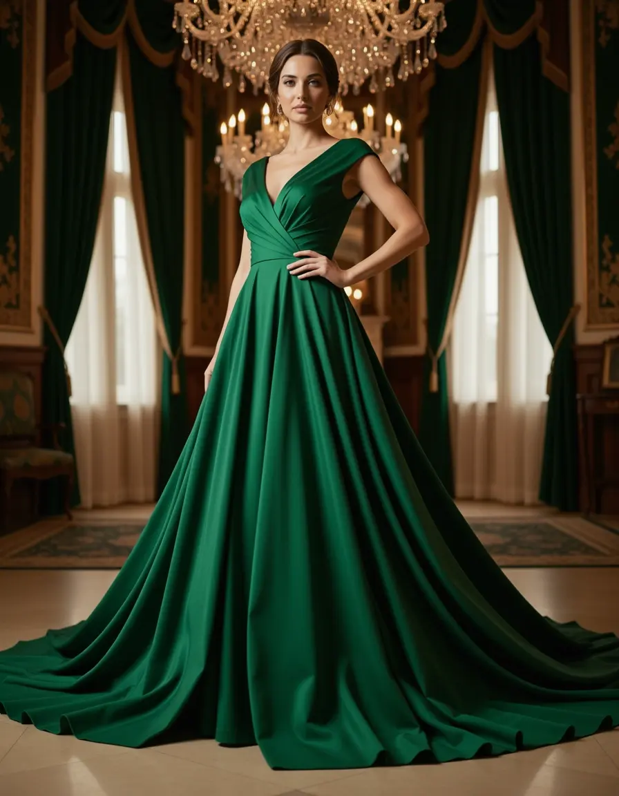 Dunkelgrünes Abendkleid mit Schleppe