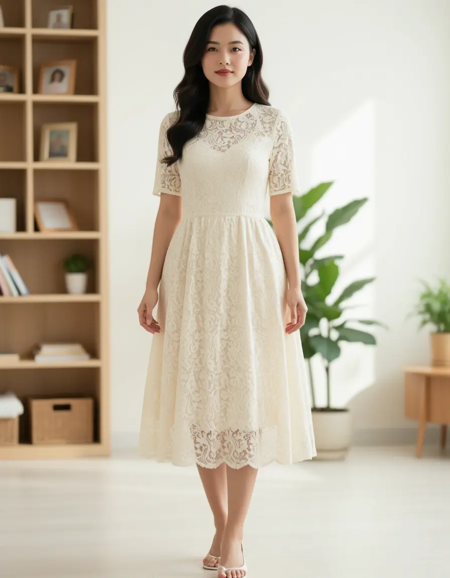 Cremefarbenes Spitzenkleid in Tea-Length
