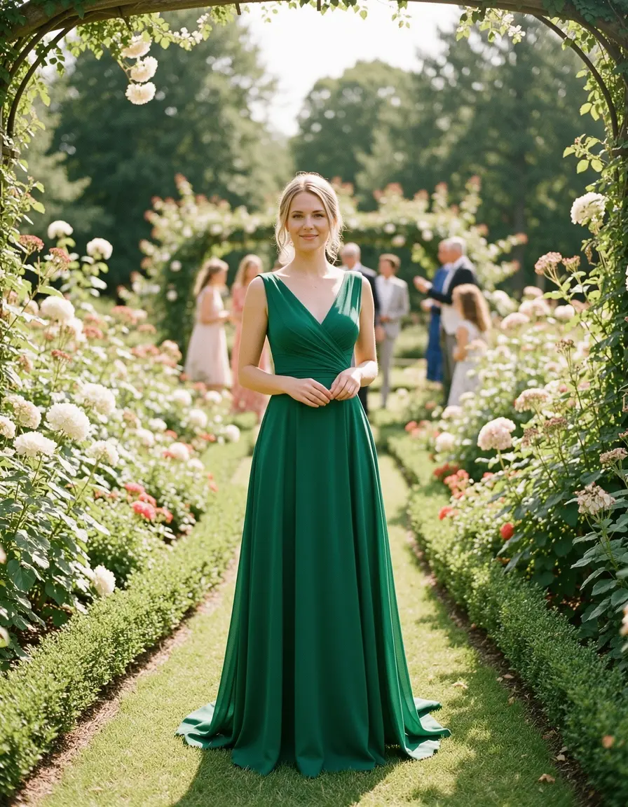 Grünes Maxi-Kleid für Hochzeitsgäste im Garten