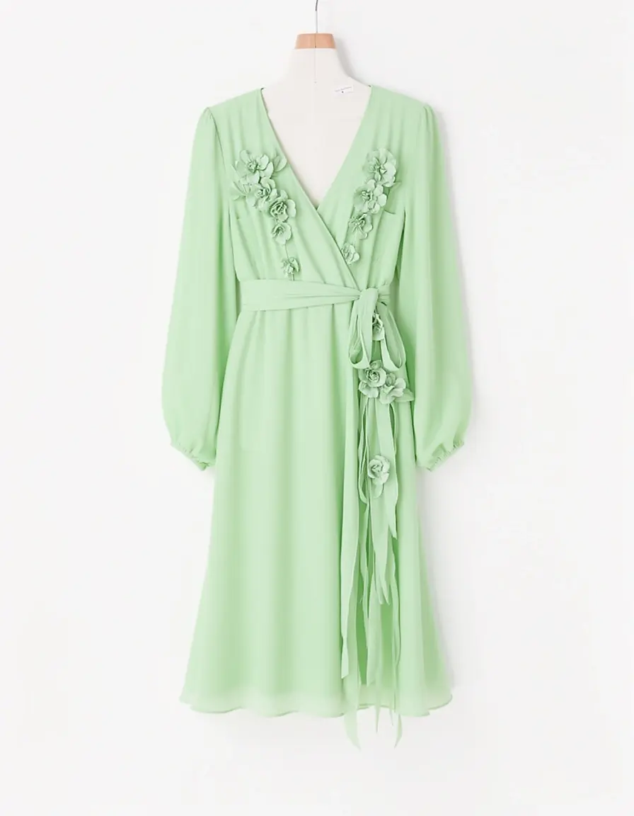 Hellgrünes Chiffon Wickelkleid mit Blumen