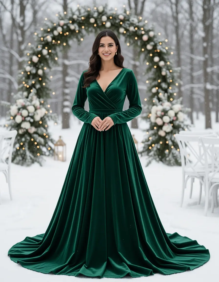 Dunkelgrünes Samt Abendkleid für Winterhochzeit