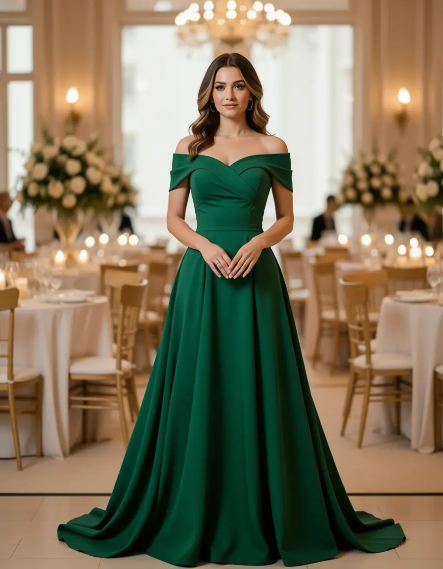 Romantisches schulterfreies grünes Abendkleid