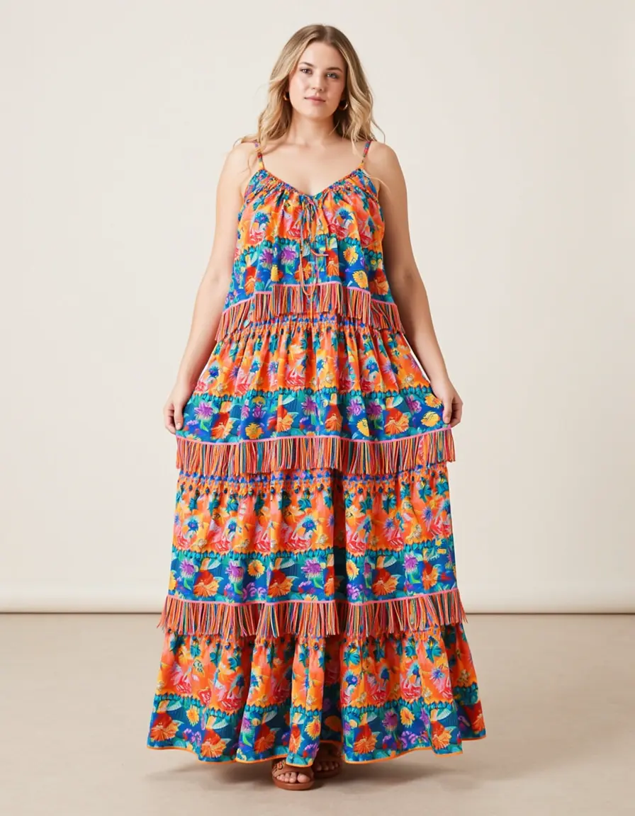 Hippie Floral Maxi Dress mit Blumen und Fransen