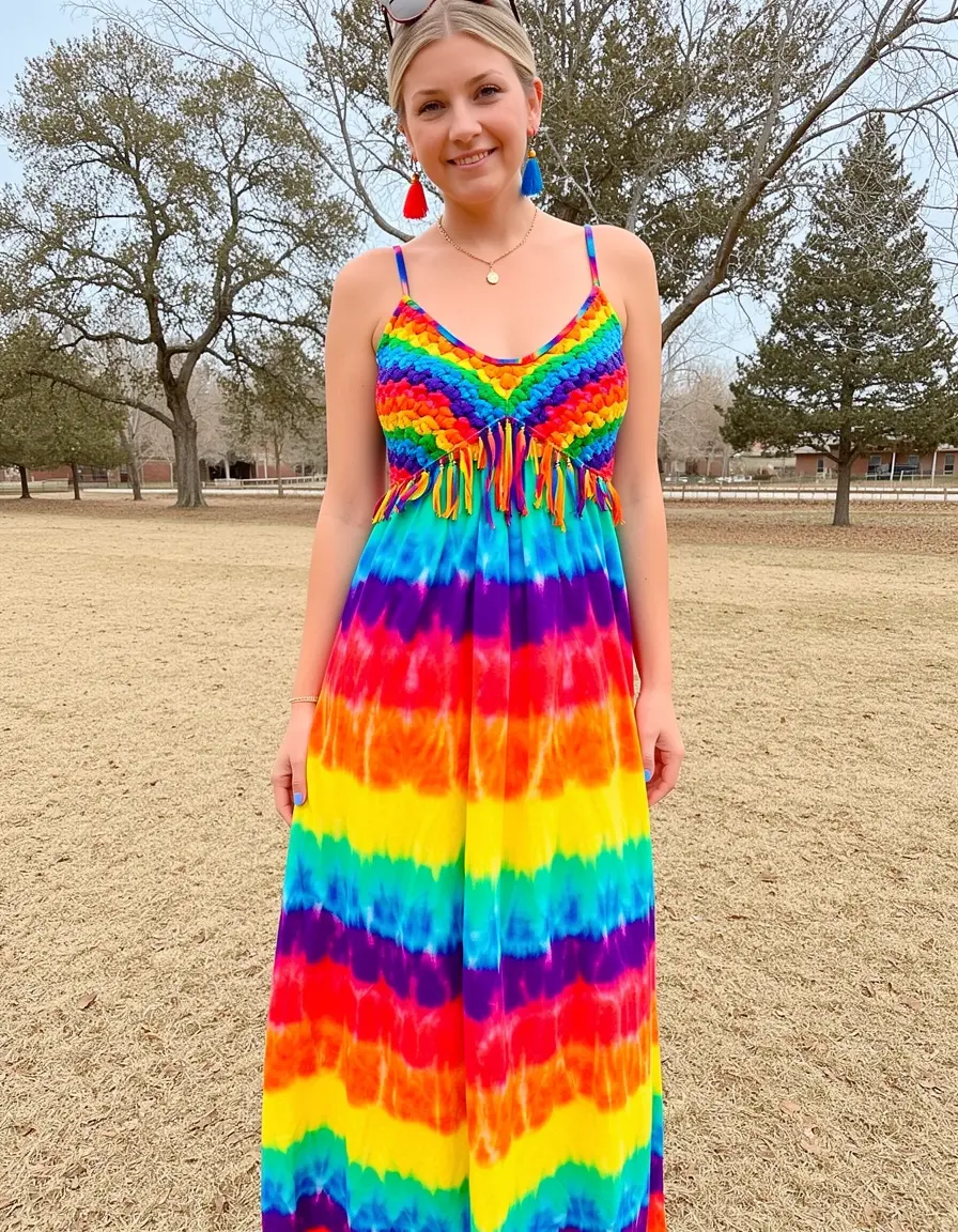 Vibrant tie-dye hippie sundress in rainbow colors