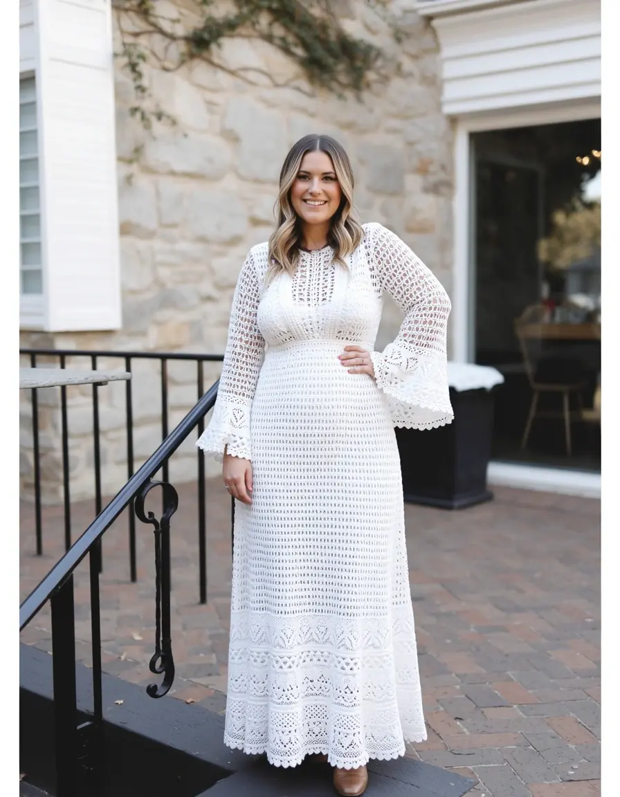 White crochet hippie midi dress with bell sleeves