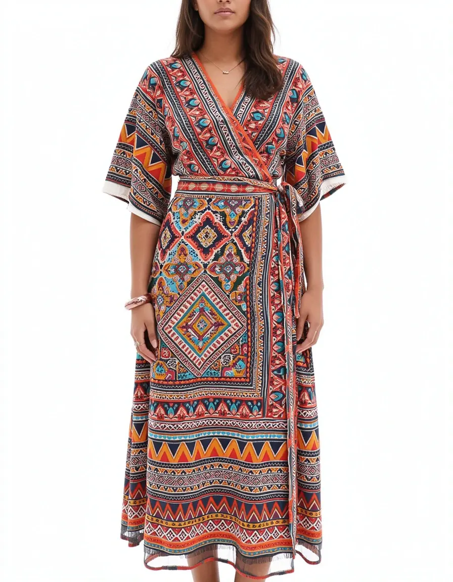 Embroidered hippie wrap dress with ethnic patterns