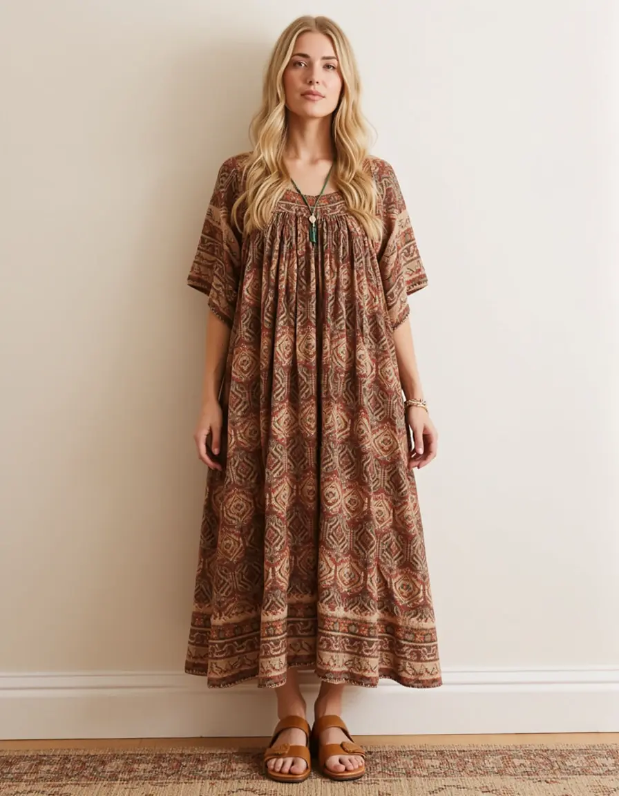 Loose flowy hippie A-line dress in earth tones