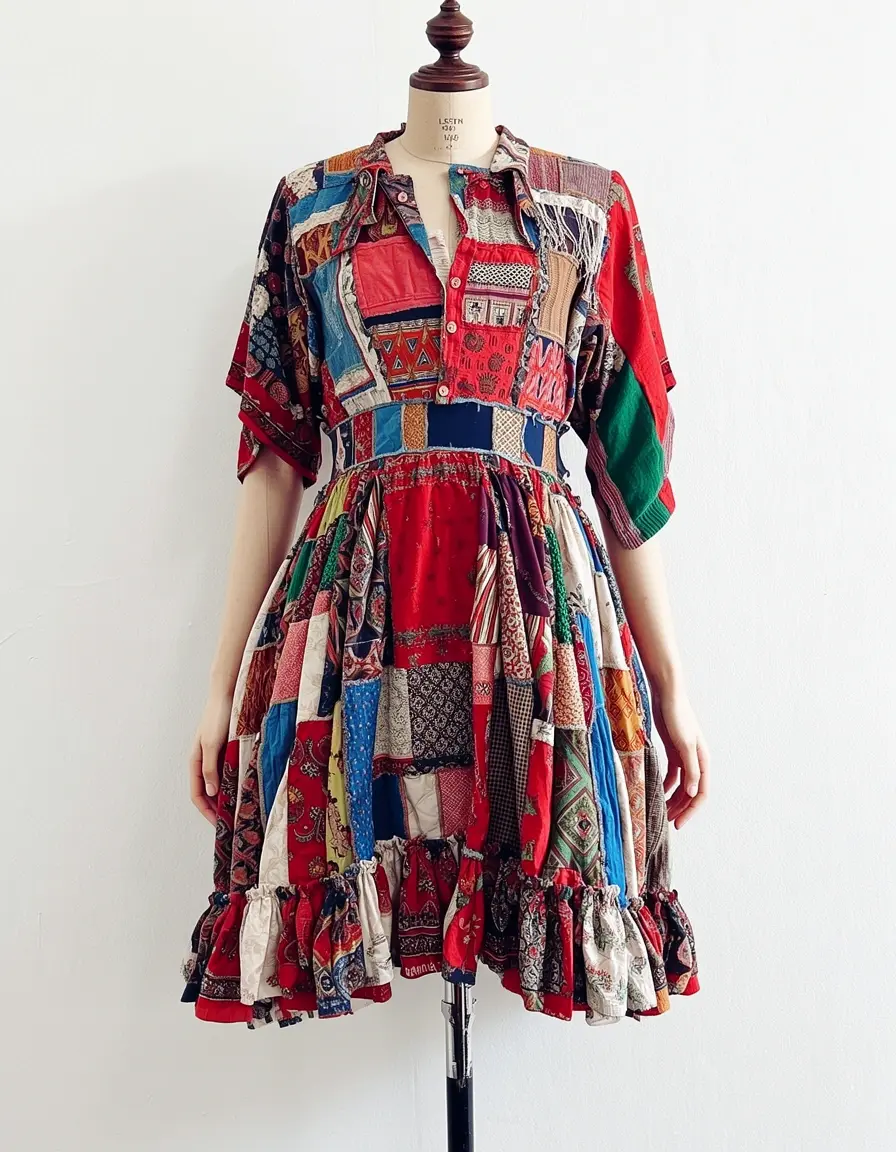 Patchwork hippie mini dress with mixed fabrics