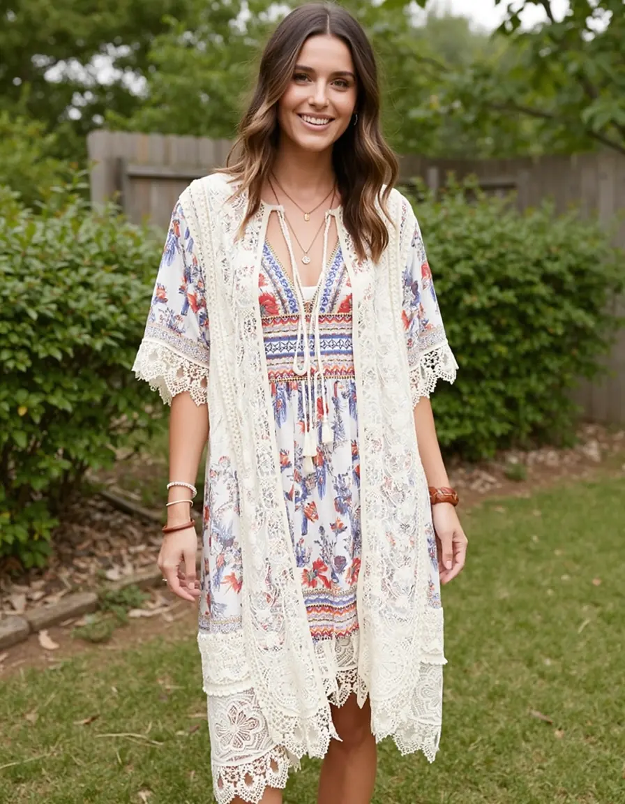 Lace-trimmed hippie boho dress for summer