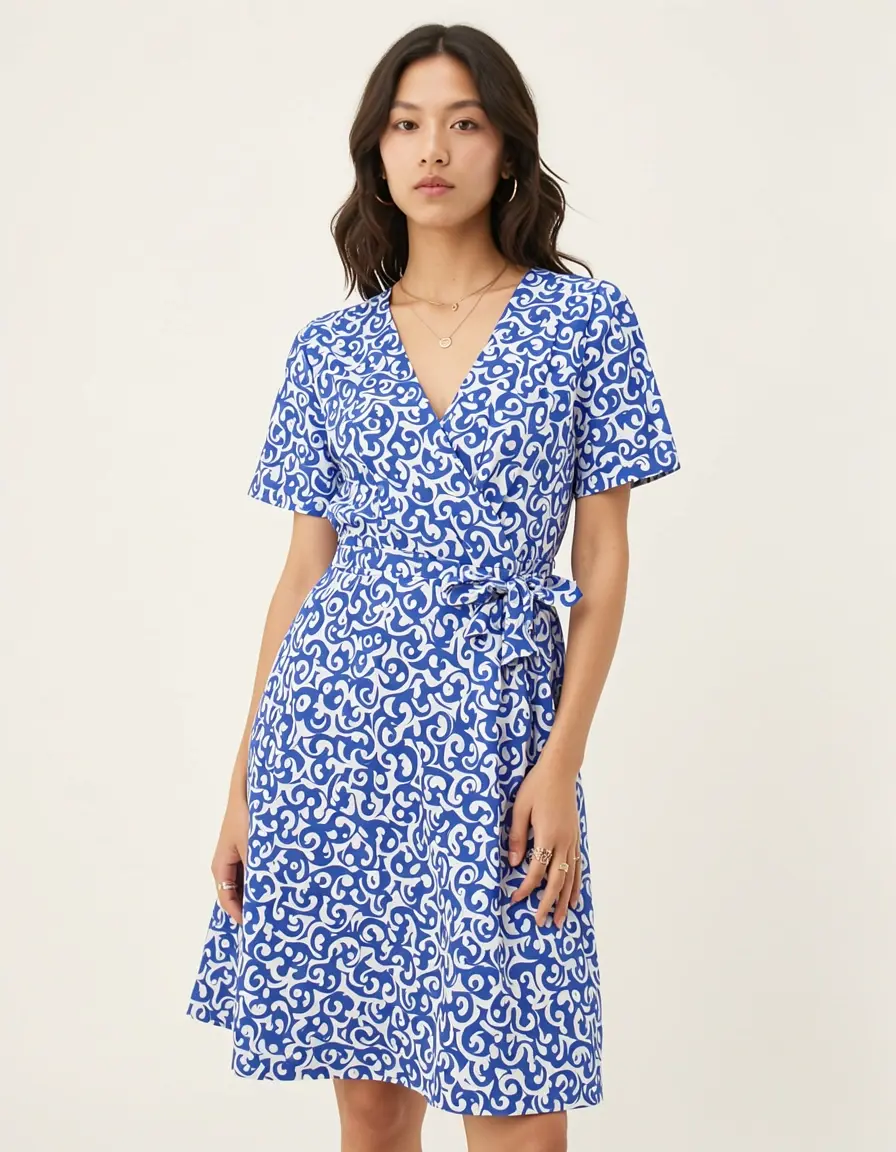 Wickelkleid blau weiß gemustert