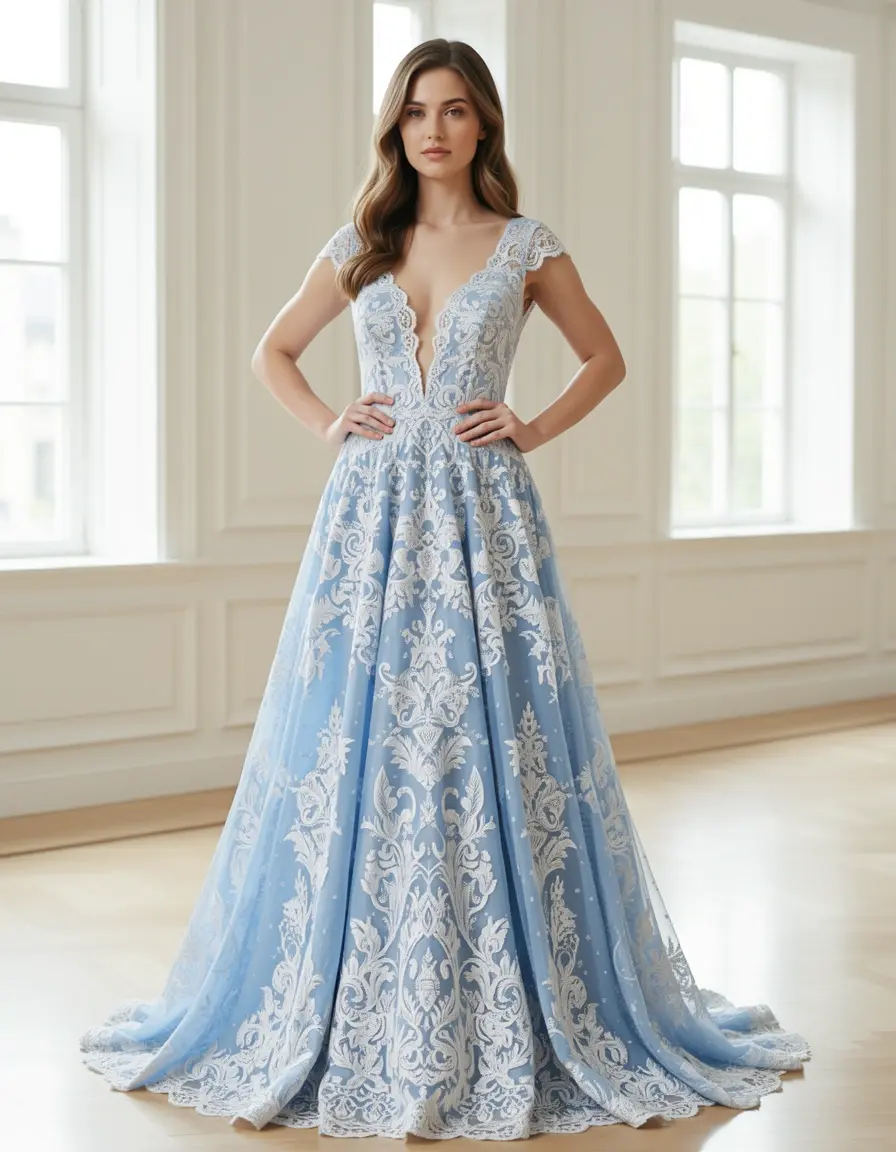 Elegantes blau weißes Spitzenkleid