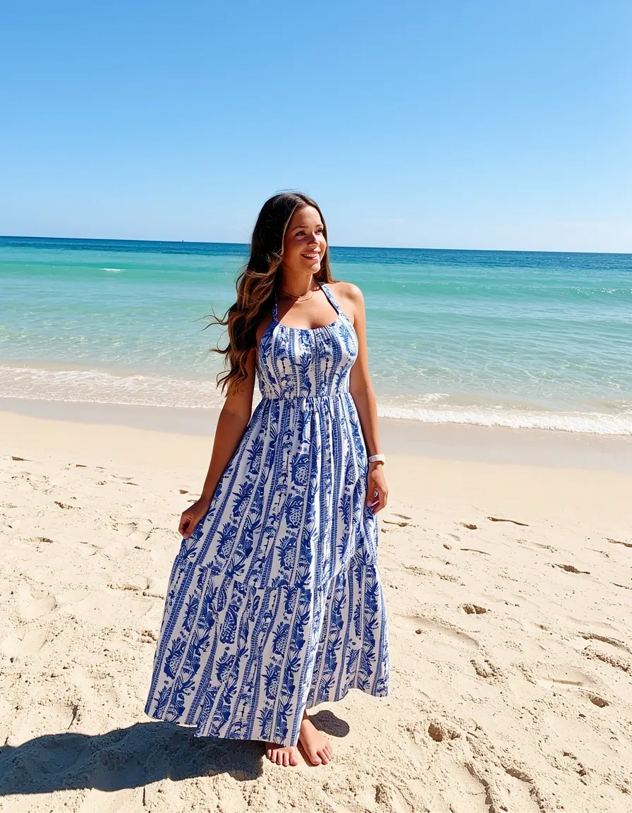 Blau weißes Sonnenkleid für den Strand