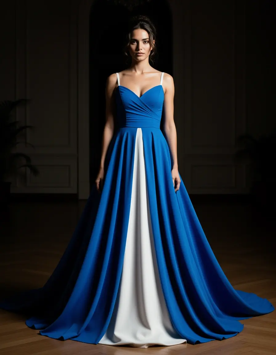 Elegantes Abendkleid blau weiß