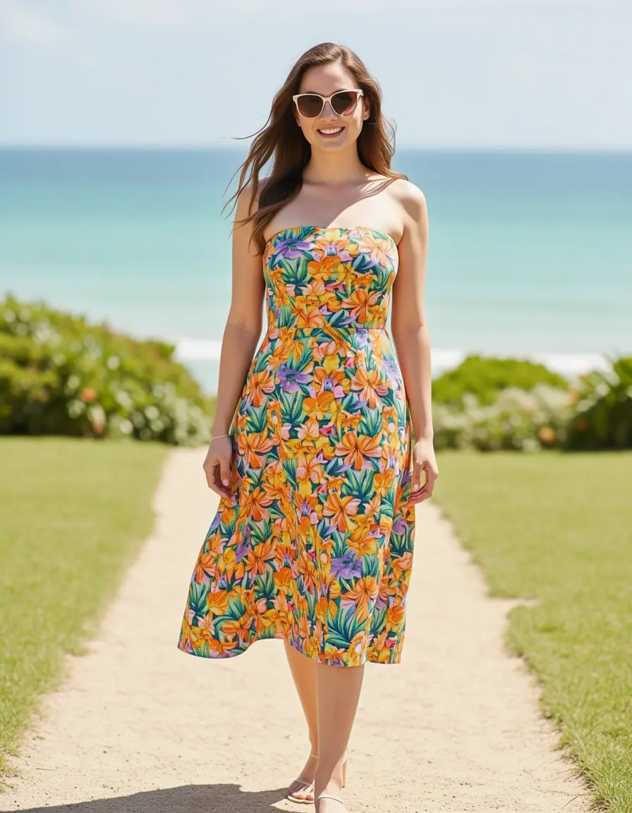 Trägerloses Midikleid in leuchtenden Sommerfarben