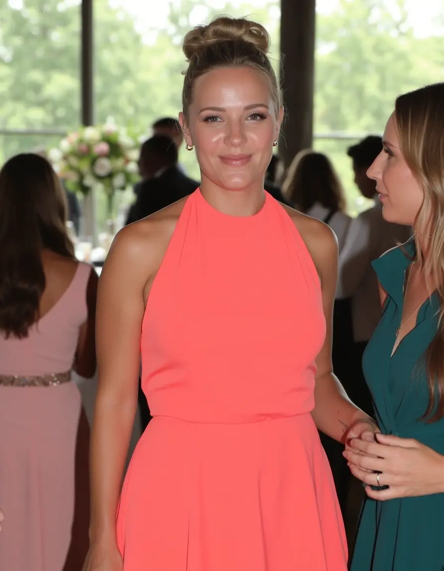 Korallenfarbenes Neckholder-Kleid für Hochzeitsgäste