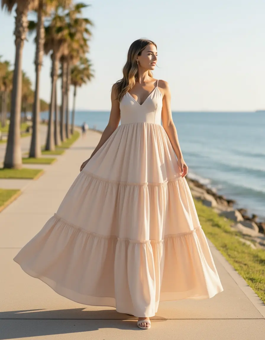 Luftiges, gestuftes Chiffonkleid in Pastell