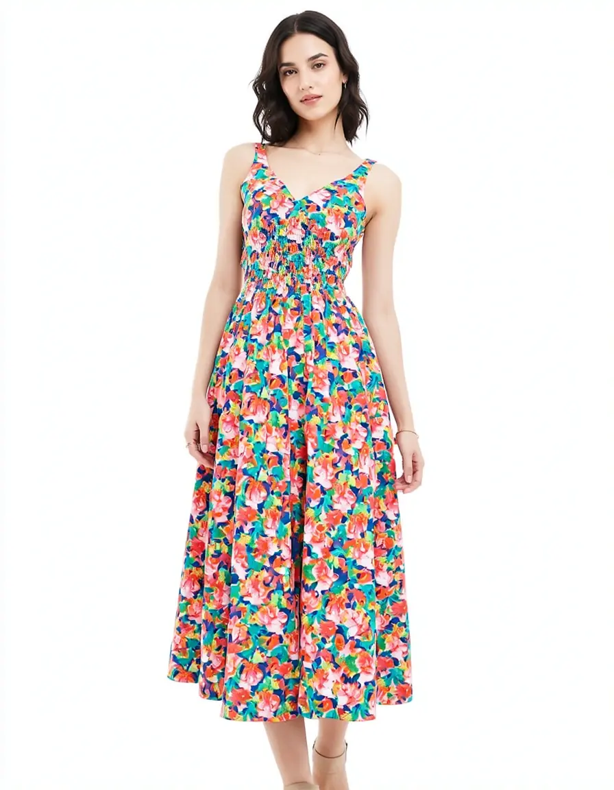 Buntes florales Midi Kleid farbig