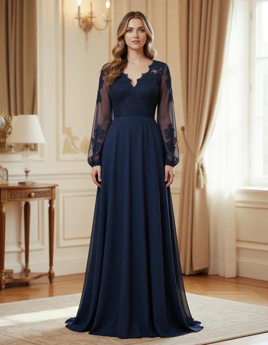 Elegantes Chiffon Langarm Maxikleid