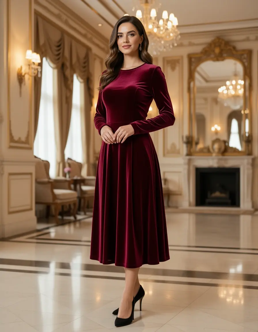 Luxuriöses Samtkleid mit langen Ärmeln