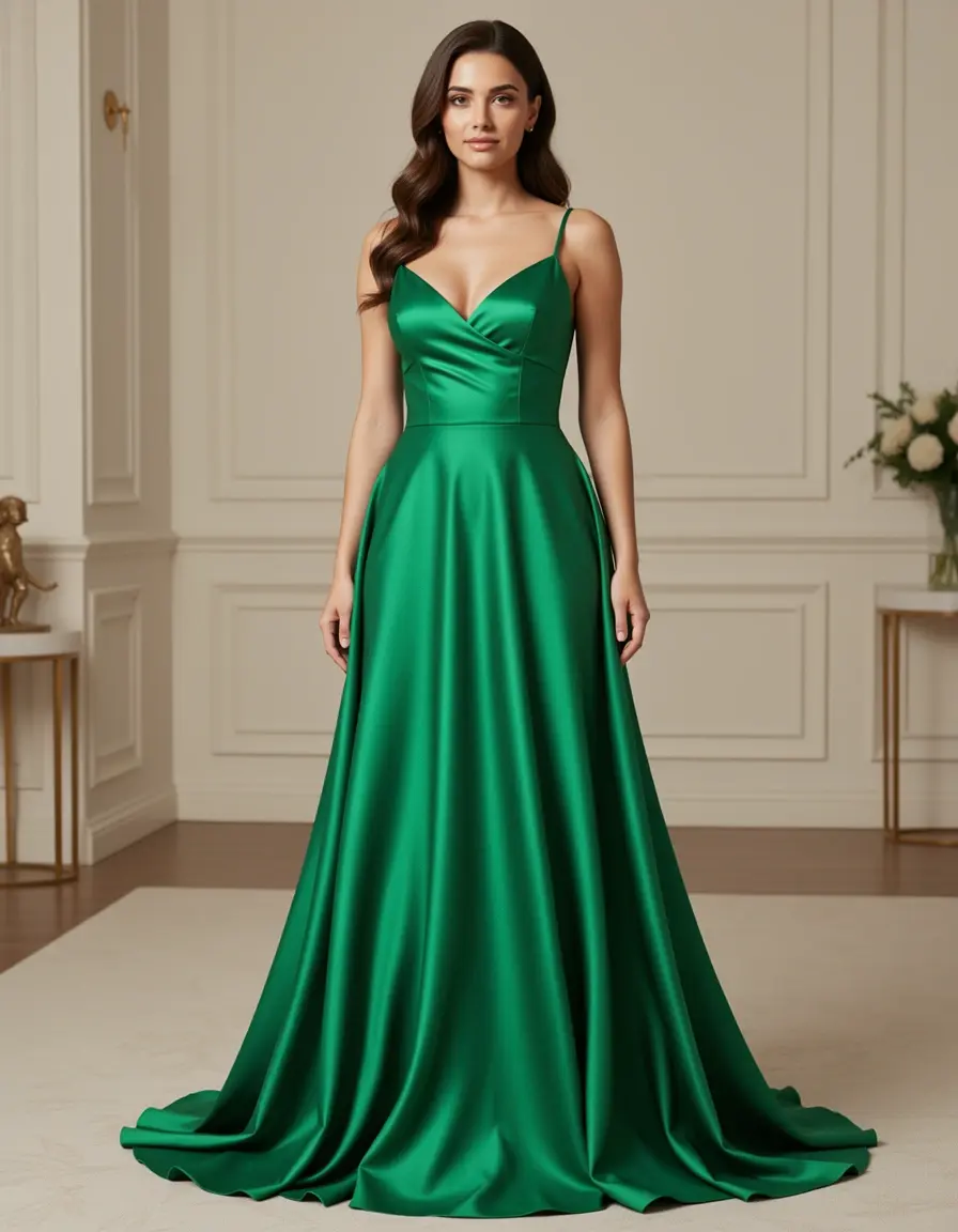 Elegant Green Satin Gown - Schimmerndes grünes Abendkleid