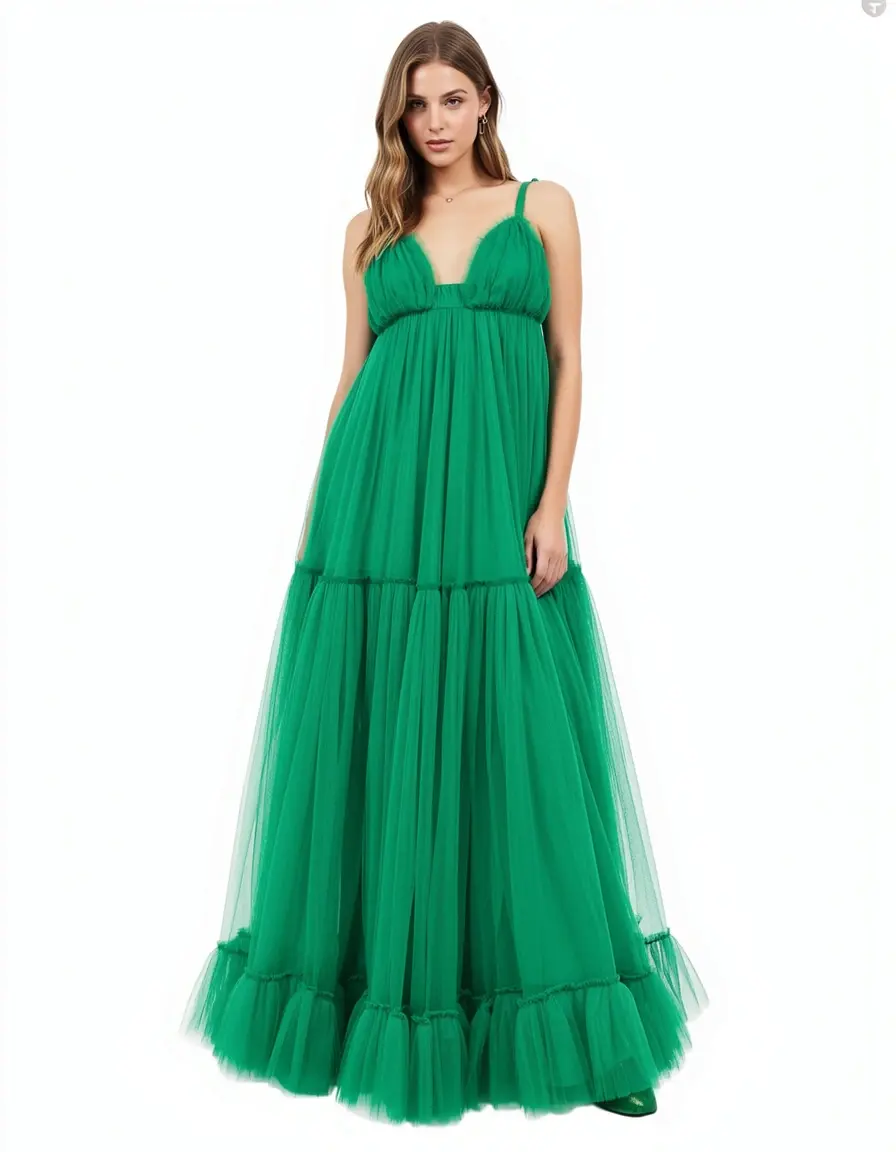 Tulle Green Maxi Dress Layered