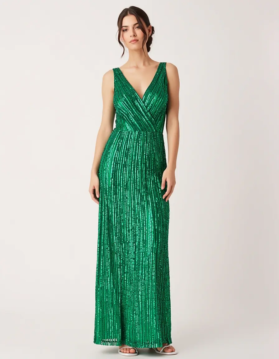 Beaded Green Midi Dress Shiny