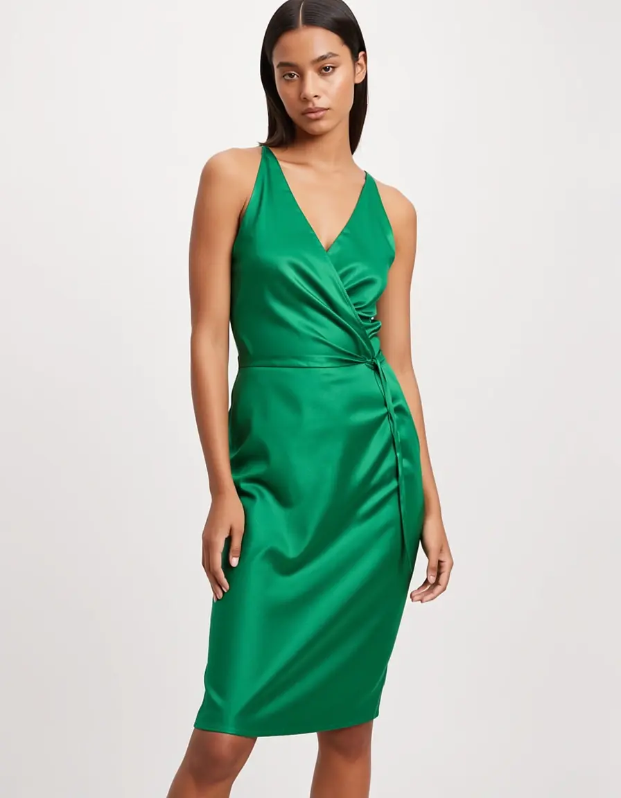 Satin Green Wrap Dress Sleek