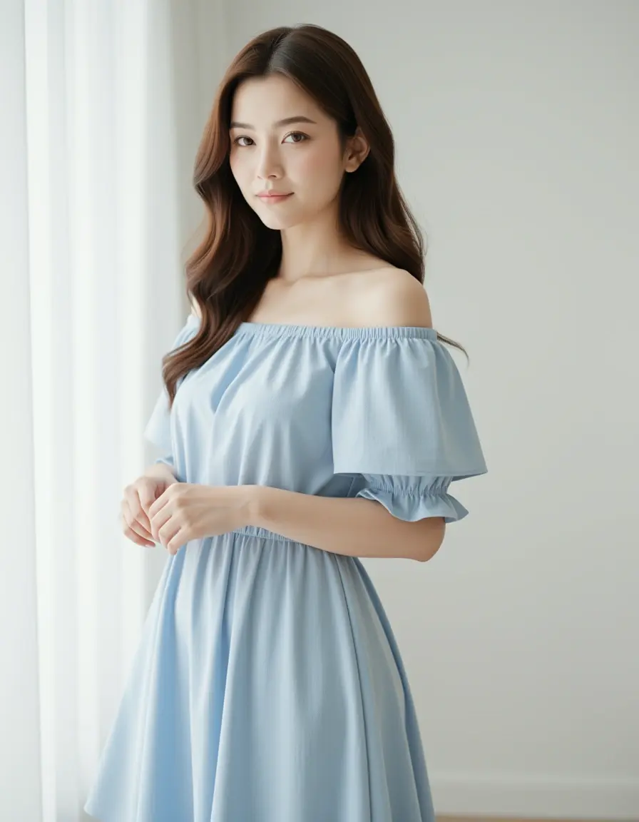 Hellblaues Off-Shoulder Kleid