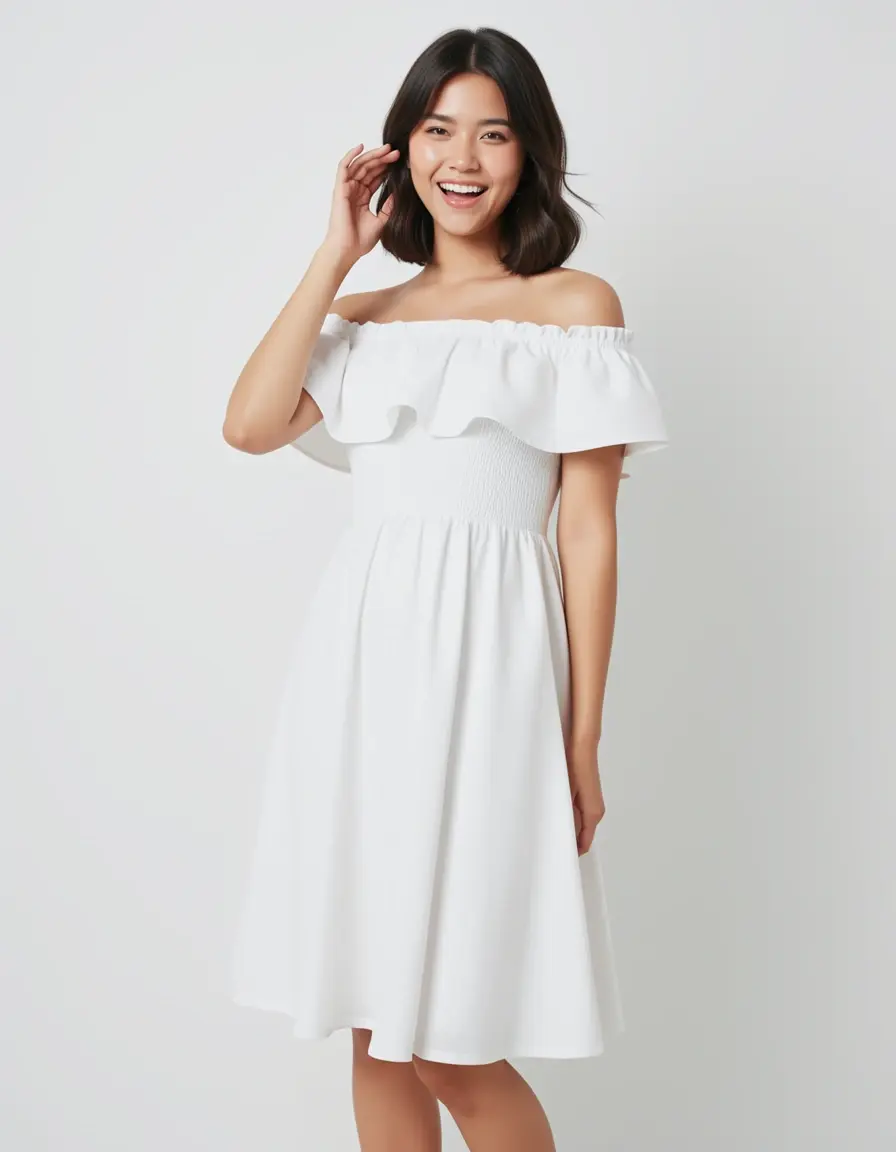 Verspieltes schulterfreies Kleid in Weiß