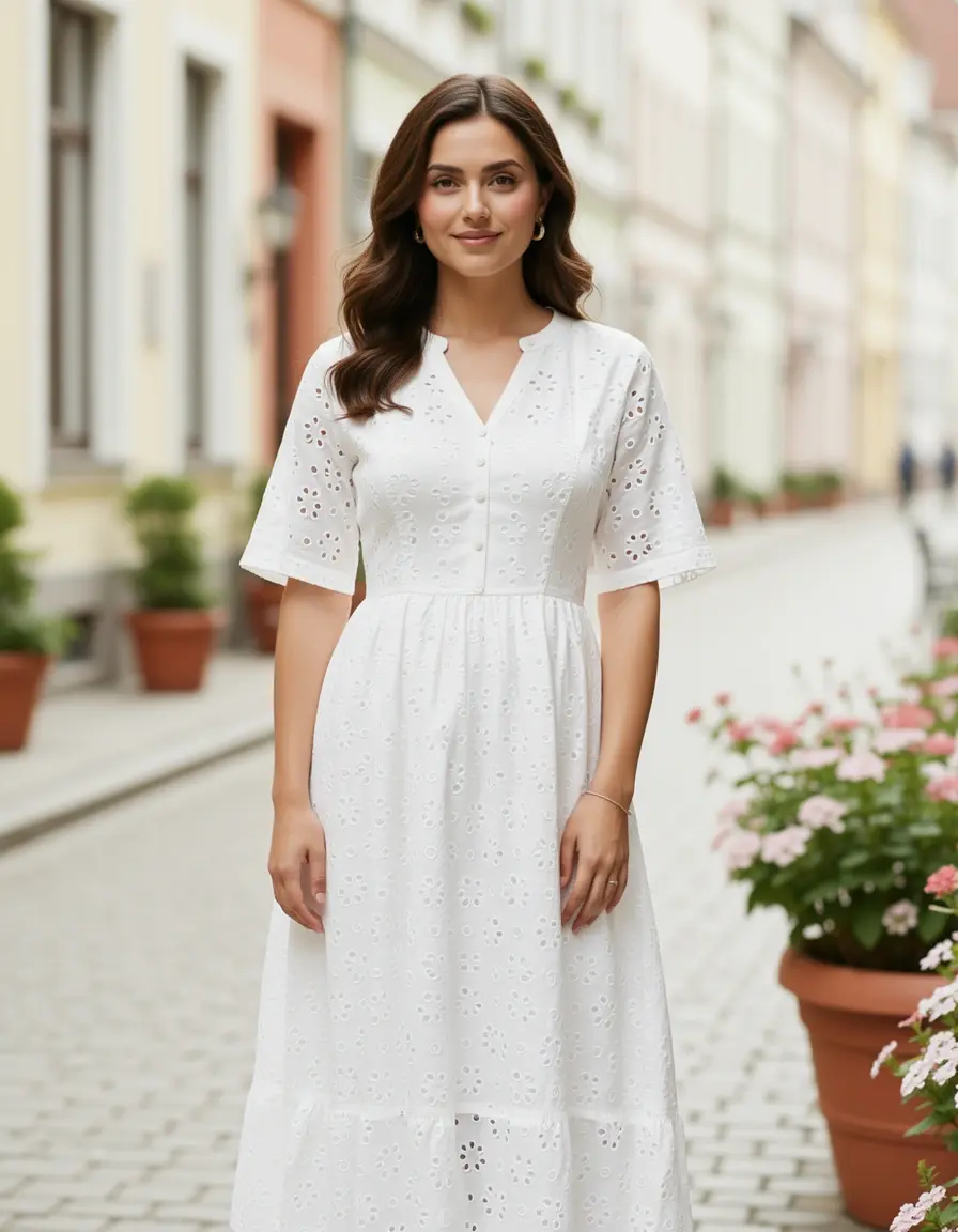 Charmantes weißes Kleid mit Lochstickerei
