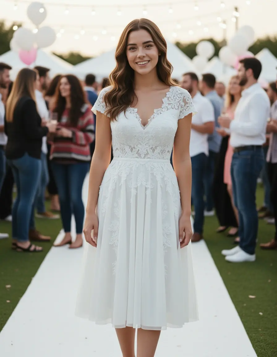 Elegantes weißes Midi Kleid Jugendweihe