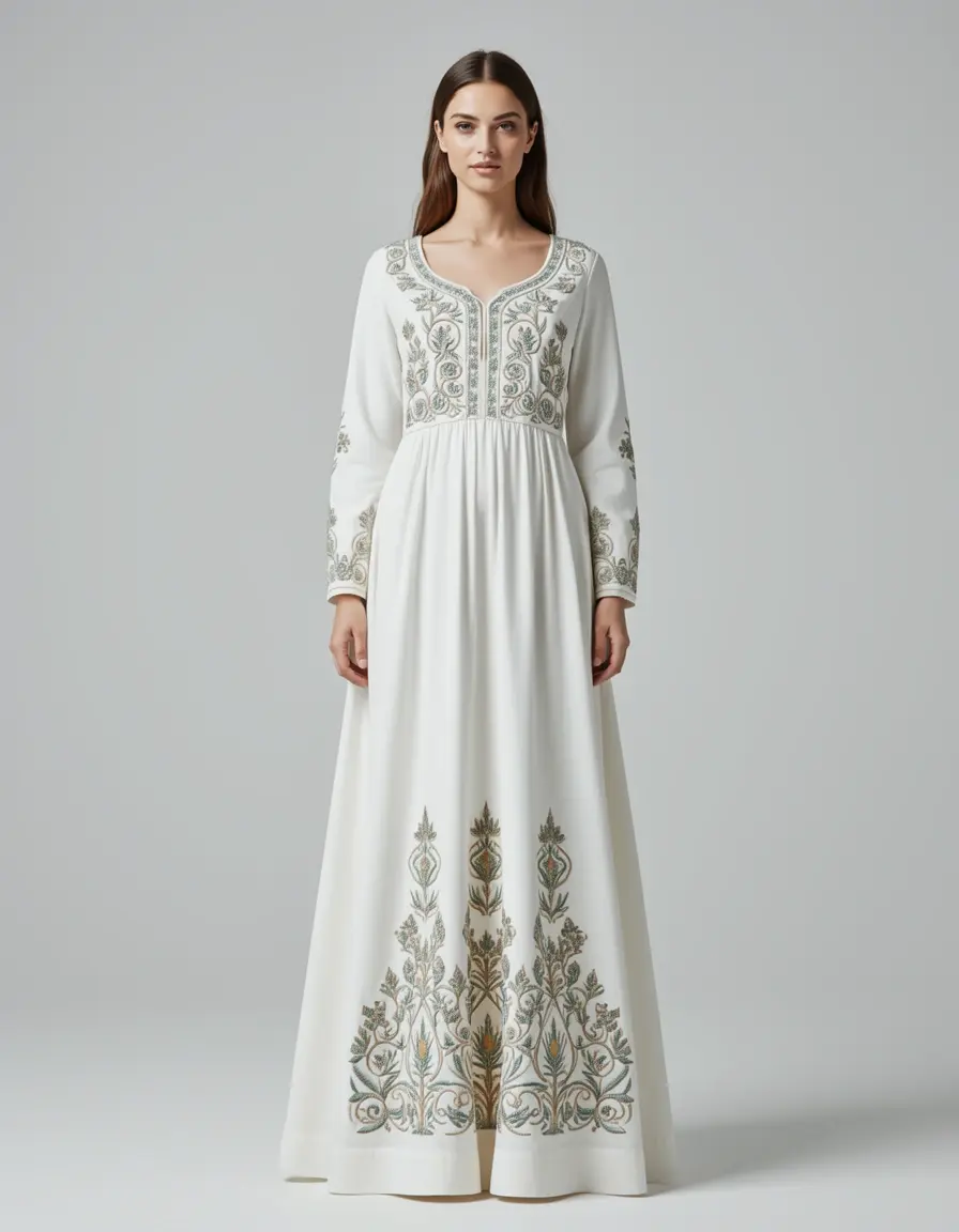 Long White Embroidered Dress