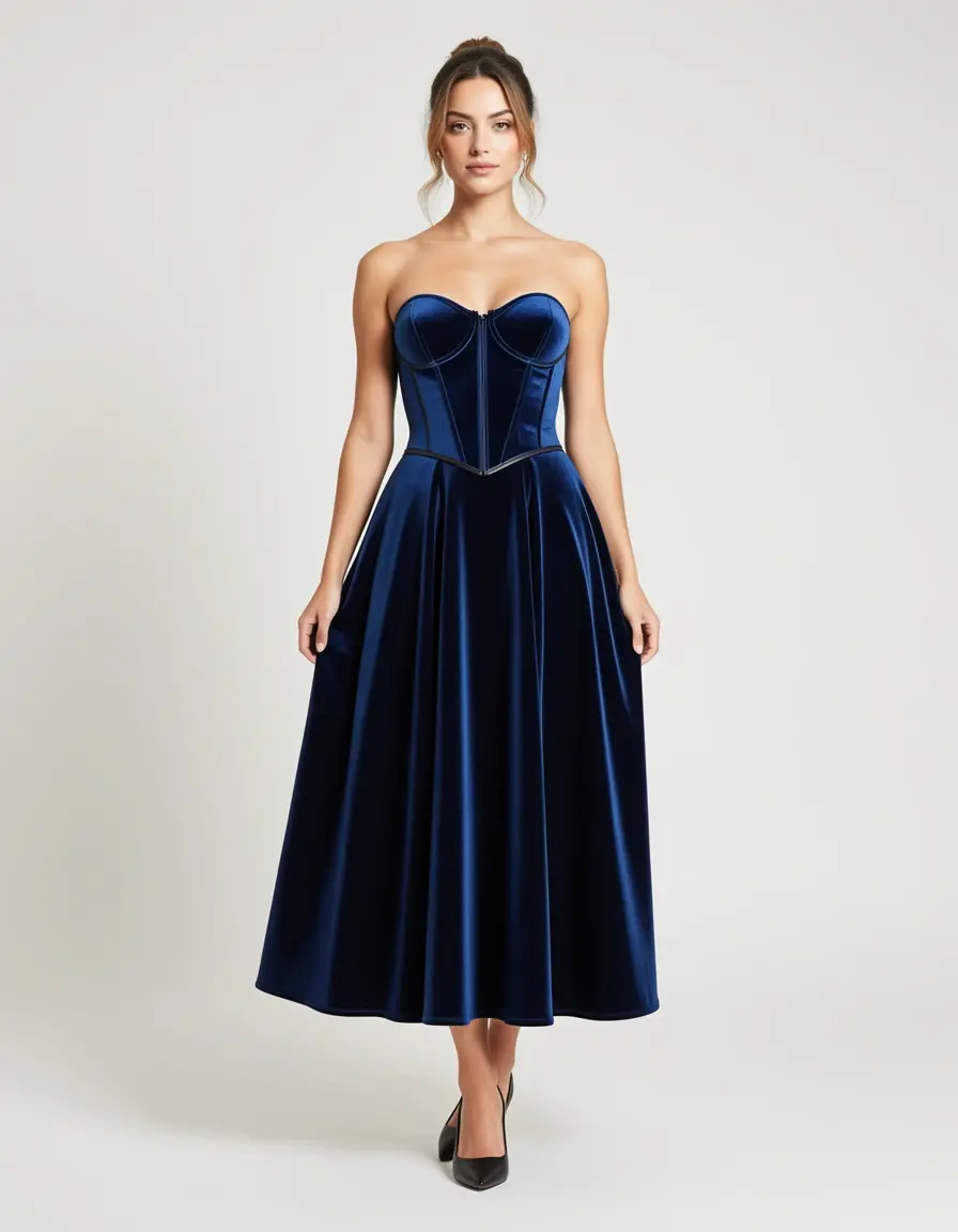 Samt Midi Kleid mit Korsett