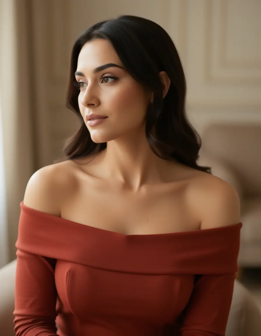 Off-shoulder rust red feminine