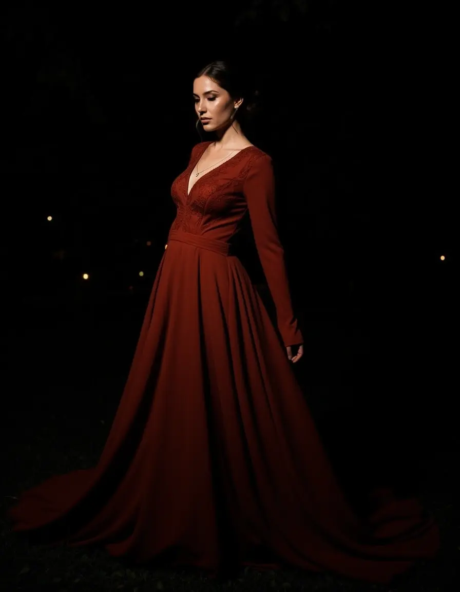Evening rust red gown dramatic